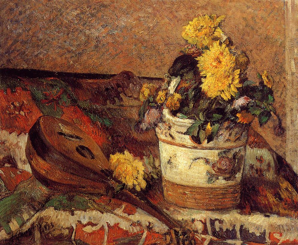 Dahlias and Mandolin - Paul Gauguin Painting